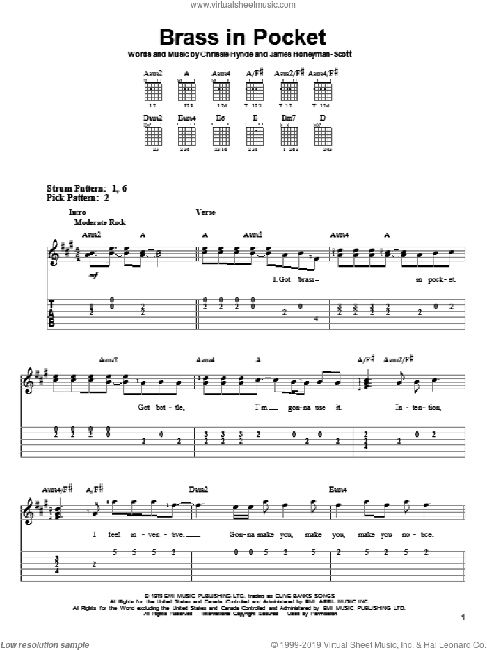 Brass In Pocket sheet music for guitar solo (easy tablature) by The Pretenders, Chrissie Hynde and James Honeyman-Scott, easy guitar (easy tablature)