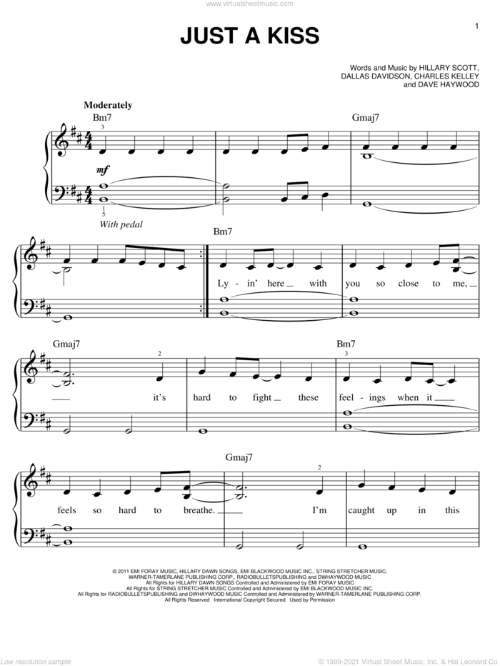 Just A Kiss sheet music for piano solo by Lady Antebellum, Lady A, Charles Kelley, Dallas Davidson, Dave Haywood and Hillary Scott, easy skill level