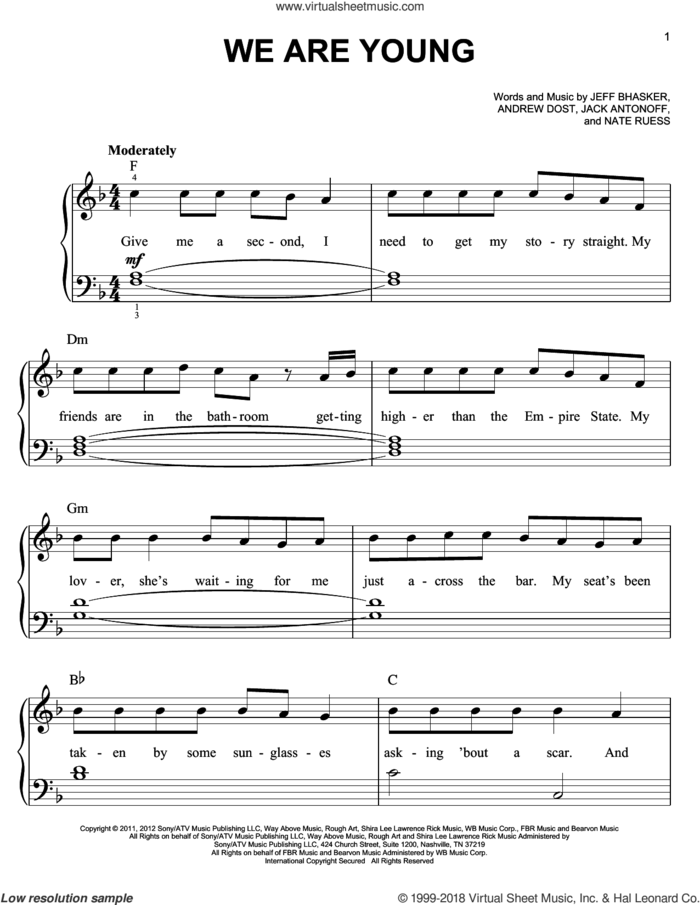 We Are Young sheet music for piano solo by Jeff Bhasker, Andrew Dost, Fun, Jack Antonoff and Nate Ruess, easy skill level