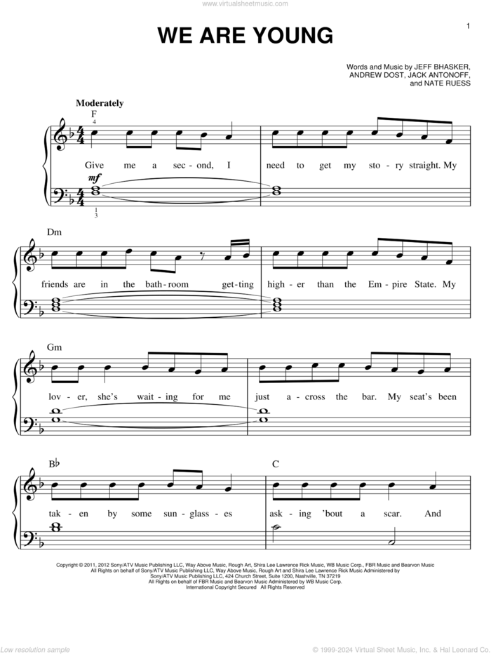 We Are Young, (easy) sheet music for piano solo by Jeff Bhasker, Andrew Dost, Fun, Jack Antonoff and Nate Ruess, easy skill level