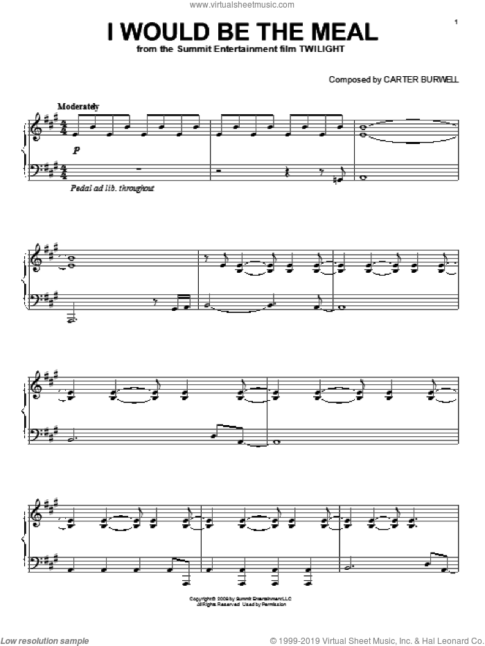 I Would Be The Meal sheet music for piano solo by Carter Burwell and Twilight (Movie), intermediate skill level