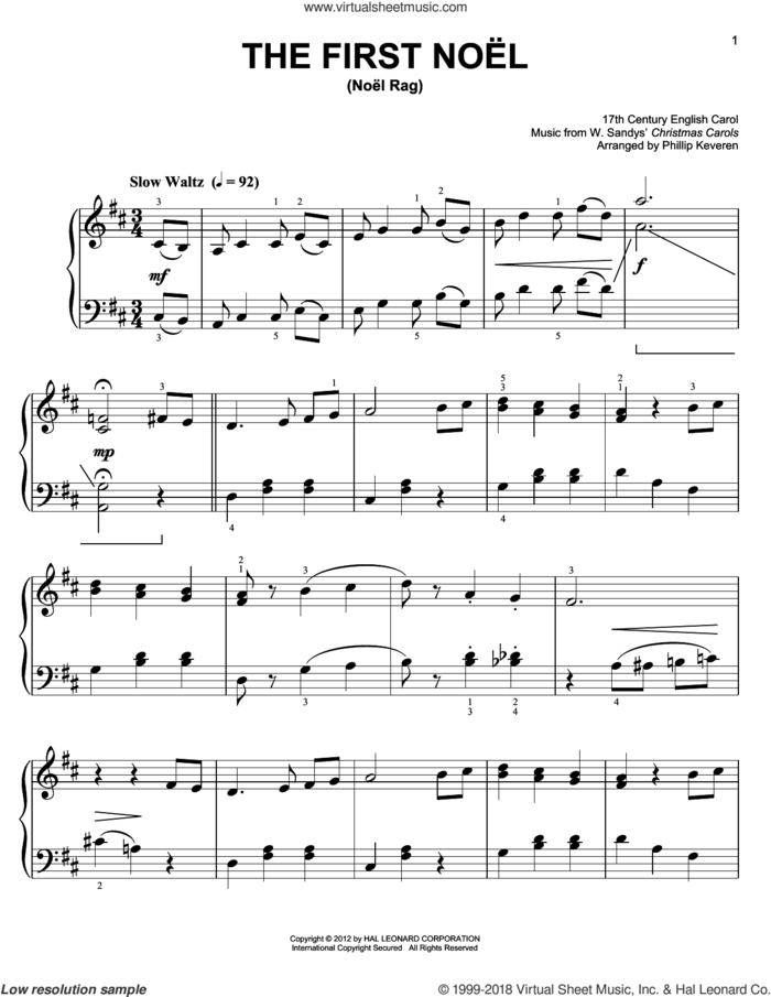 The First Noel [Ragtime version] (arr. Phillip Keveren) sheet music for piano solo by Phillip Keveren and Miscellaneous, easy skill level