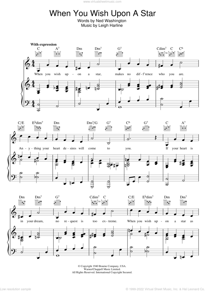 When You Wish Upon A Star (from Pinocchio) sheet music for voice, piano or guitar by Cliff Edwards, Leigh Harline and Ned Washington, intermediate skill level
