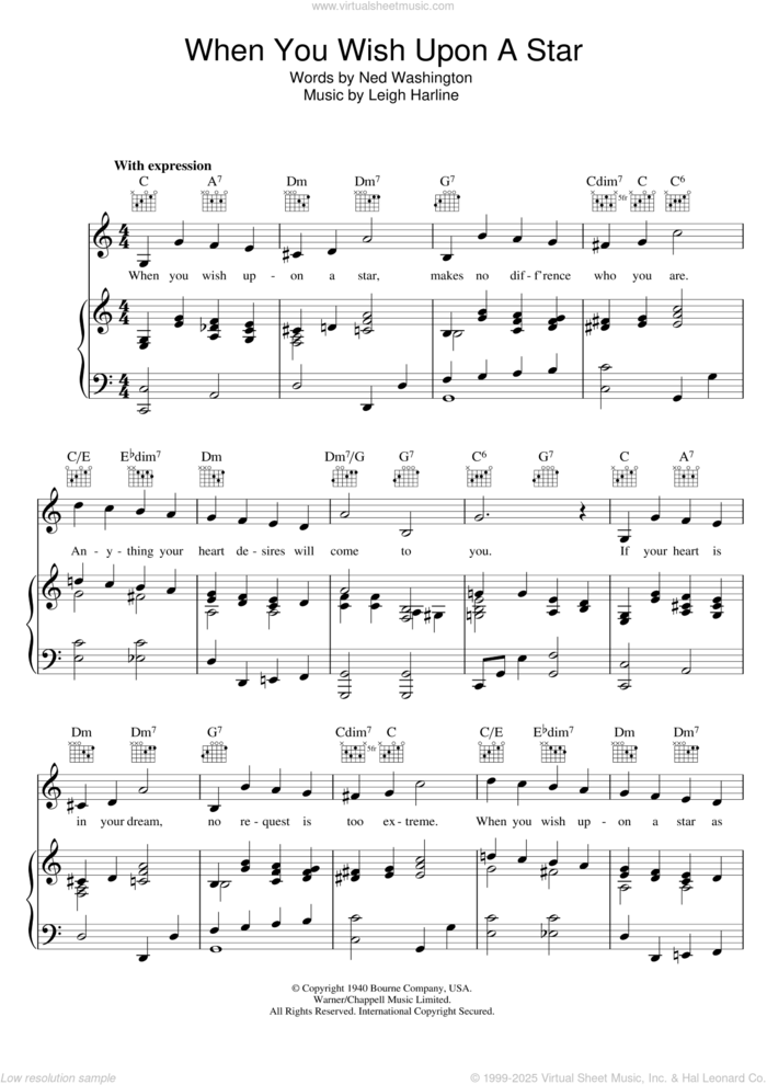 When You Wish Upon A Star (from Pinocchio) sheet music for voice, piano or guitar by Cliff Edwards, Leigh Harline and Ned Washington, intermediate skill level