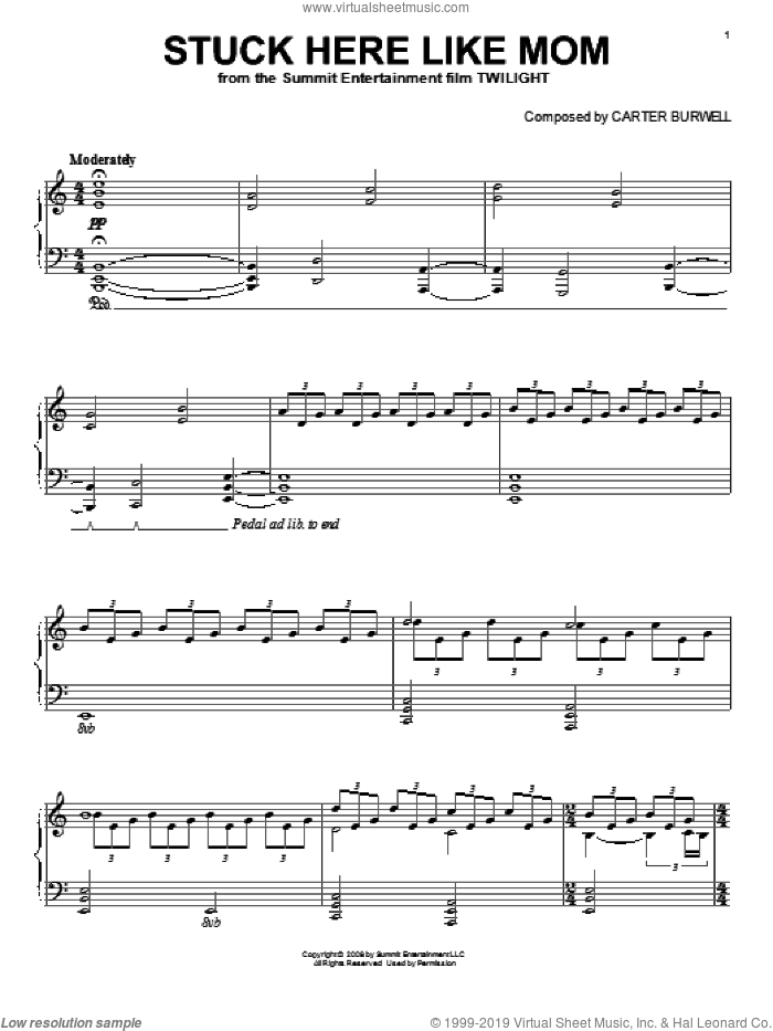 Stuck Here Like Mom sheet music for piano solo by Carter Burwell and Twilight (Movie), intermediate skill level