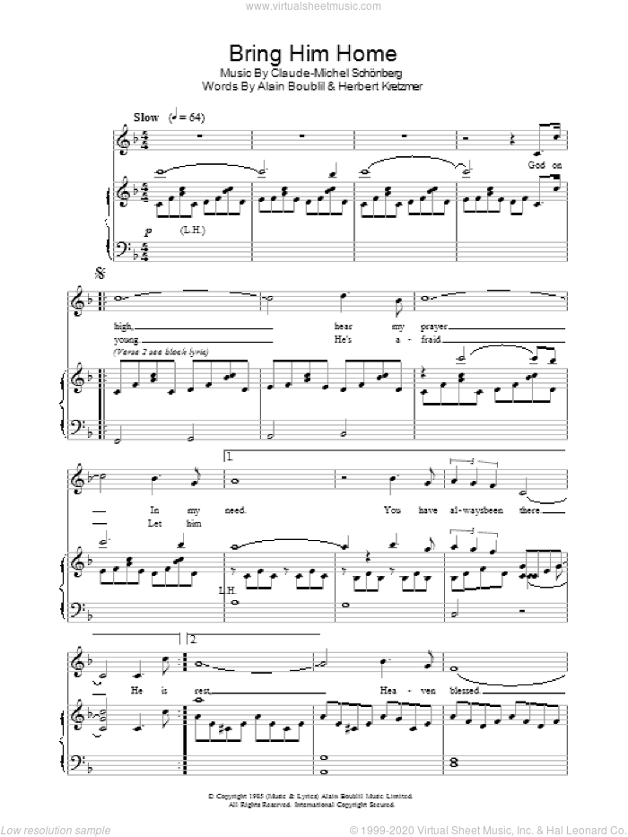 Bring Him Home (from Les Miserables) sheet music for voice, piano or guitar by Alain Boublil, Claude-Michel Schonberg and Herbert Kretzmer, intermediate skill level
