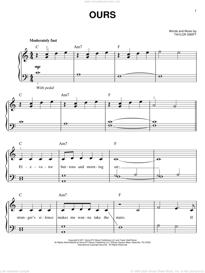 Ours sheet music for piano solo by Taylor Swift, easy skill level