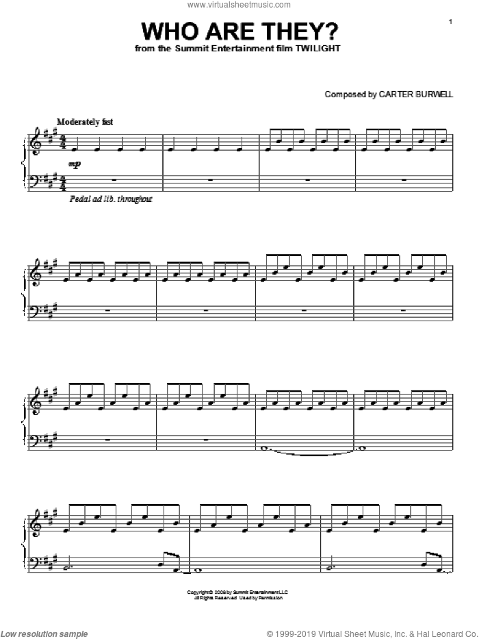 Who Are They? sheet music for piano solo by Carter Burwell and Twilight (Movie), intermediate skill level