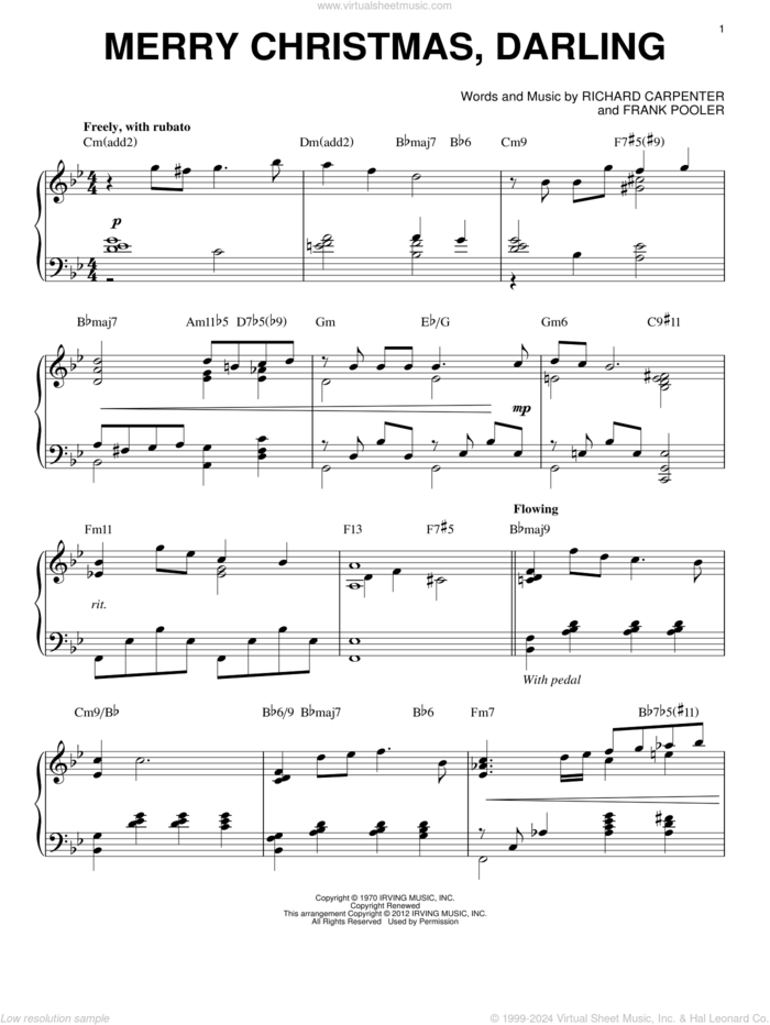 Merry Christmas, Darling [Jazz version] (arr. Brent Edstrom) sheet music for piano solo by Carpenters, Frank Pooler and Richard Carpenter, intermediate skill level