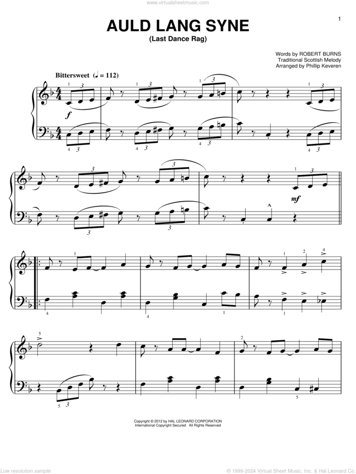 Auld Lang Syne [Ragtime version] (arr. Phillip Keveren) sheet music for piano solo by Phillip Keveren, Robert Burns and Traditional Scottish Melody, easy skill level