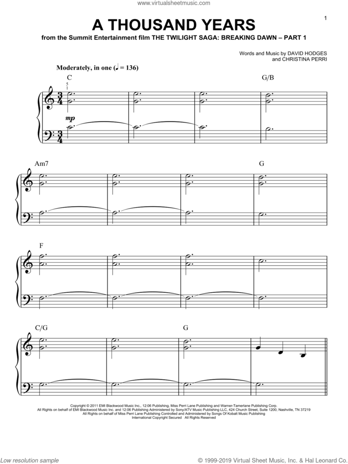 A Thousand Years, (easy) sheet music for piano solo by Christina Perri and David Hodges, wedding score, easy skill level