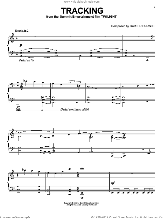 Tracking sheet music for piano solo by Carter Burwell and Twilight (Movie), intermediate skill level