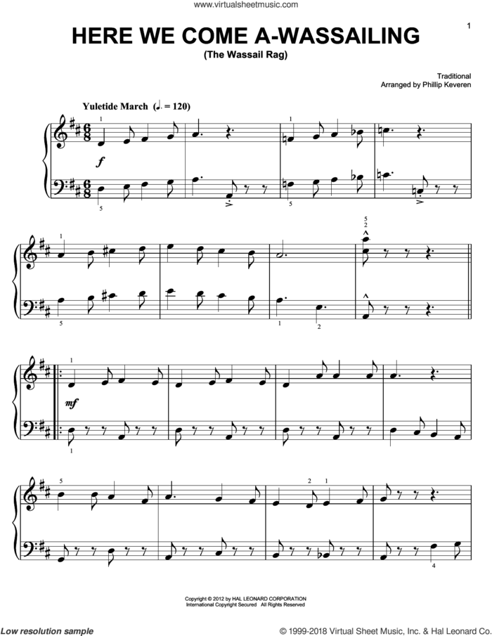 Here We Come A-Wassailing [Ragtime version] (arr. Phillip Keveren) sheet music for piano solo by Phillip Keveren and Miscellaneous, easy skill level