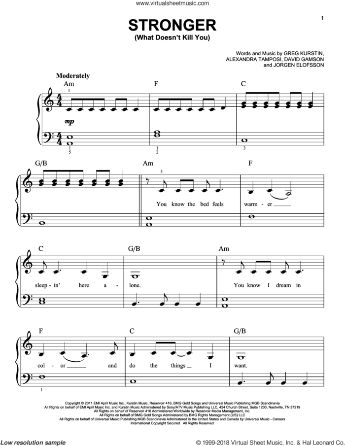 Stronger (What Doesn't Kill You) sheet music for piano solo by Kelly Clarkson, easy skill level