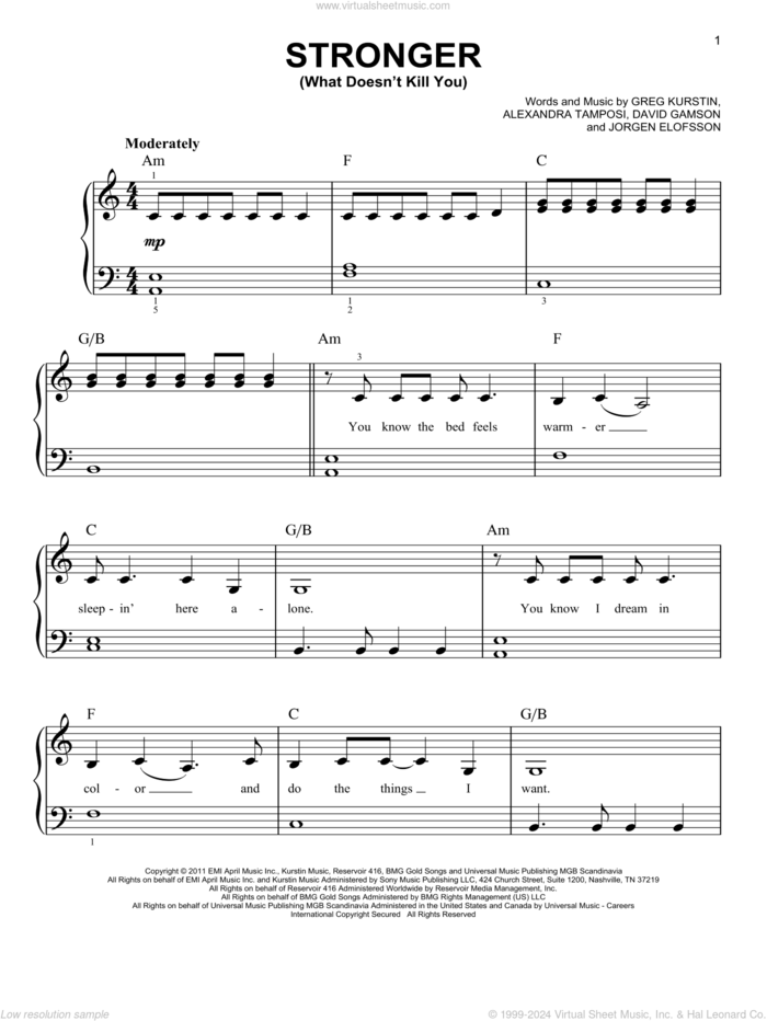 Stronger (What Doesn't Kill You) sheet music for piano solo by Kelly Clarkson, easy skill level