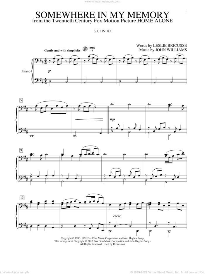 Somewhere In My Memory sheet music for piano four hands by John Williams and Leslie Bricusse, intermediate skill level