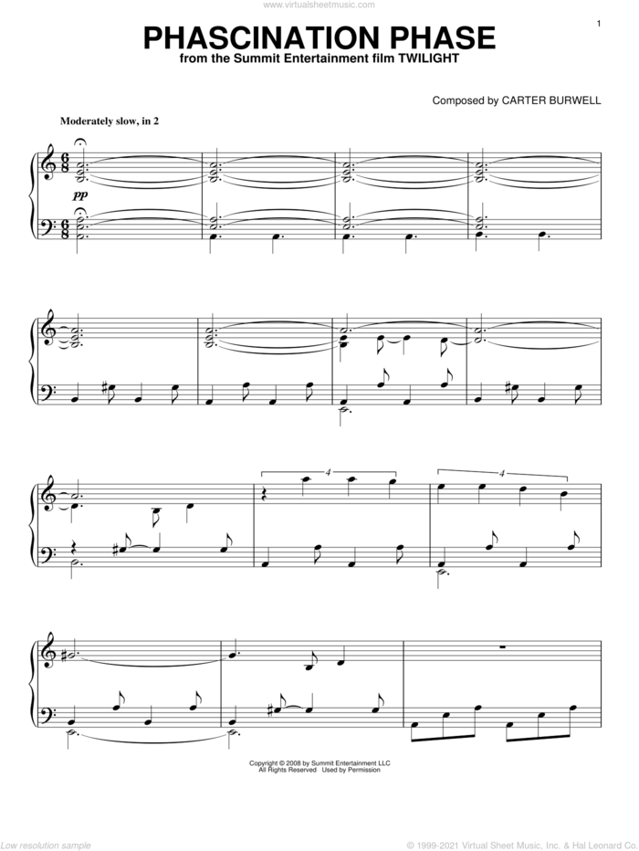Phascination Phase, (intermediate) sheet music for piano solo by Carter Burwell and Twilight (Movie), intermediate skill level
