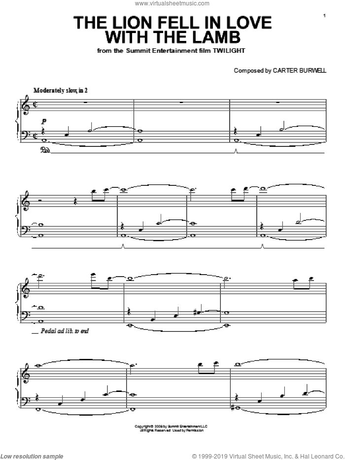 The Lion Fell In Love With The Lamb, (intermediate) sheet music for piano solo by Carter Burwell and Twilight (Movie), intermediate skill level