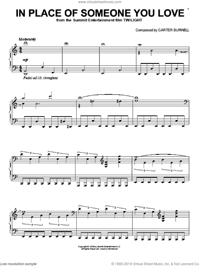 In Place Of Someone You Love sheet music for piano solo by Carter Burwell and Twilight (Movie), intermediate skill level