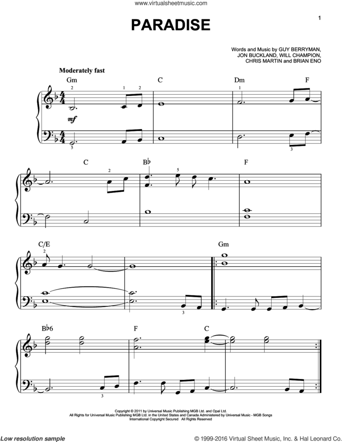 Paradise, (easy) sheet music for piano solo by Coldplay, Guy Berryman, Jon Buckland and Will Champion, easy skill level