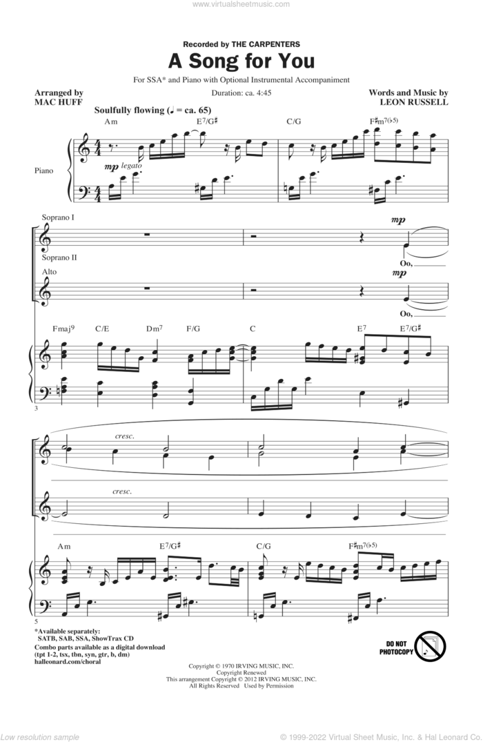 A Song For You (arr. Mac Huff) sheet music for choir (SSA: soprano, alto) by Carpenters, Leon Russell and Mac Huff, intermediate skill level