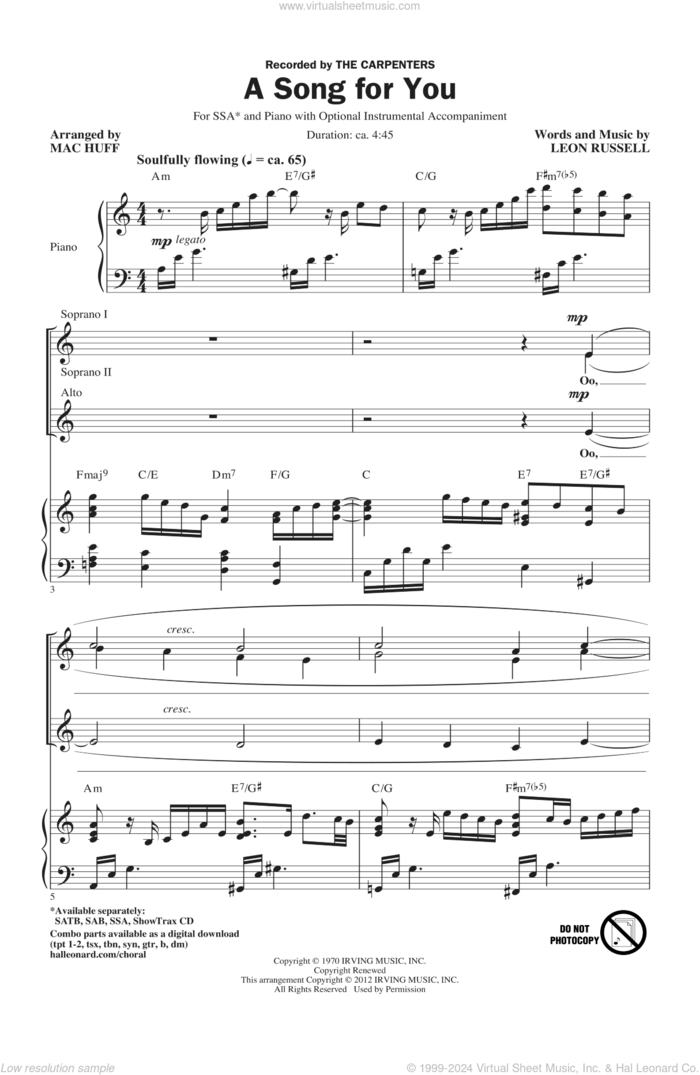 A Song For You (arr. Mac Huff) sheet music for choir (SSA: soprano, alto) by Carpenters, Leon Russell and Mac Huff, intermediate skill level