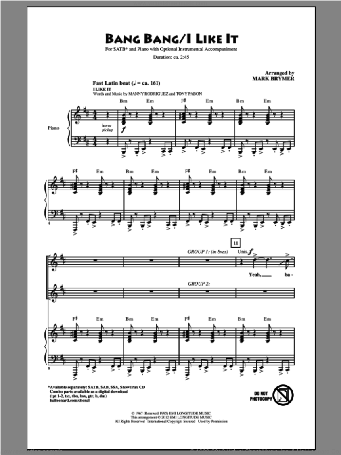 Bang Bang sheet music for choir (SATB: soprano, alto, tenor, bass) by Manny Rodriguez, Jimmy Sabater, Joe Cuba, Tony Pabon and Mark Brymer, intermediate skill level