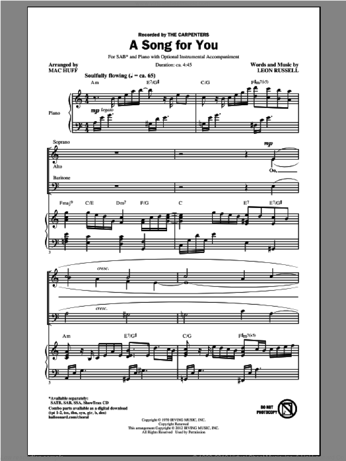 A Song For You (arr. Mac Huff) sheet music for choir (SAB: soprano, alto, bass) by Carpenters, Leon Russell and Mac Huff, intermediate skill level