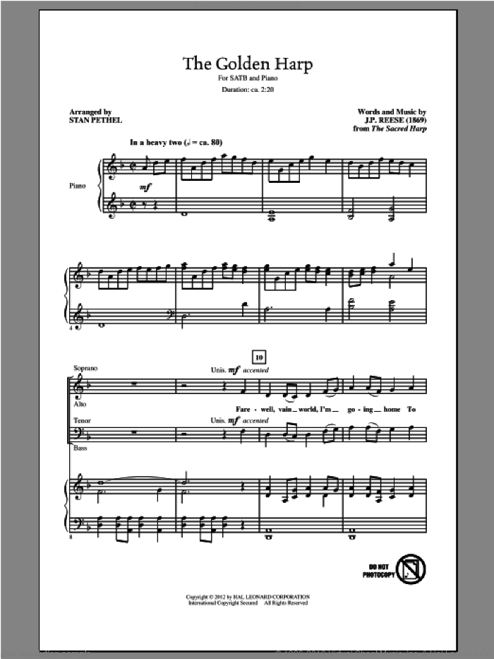 The Golden Harp sheet music for choir (SATB: soprano, alto, tenor, bass) by The Sacred Harp, J.P. Reese and Stan Pethel, intermediate skill level