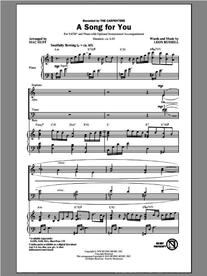 A Song For You (arr. Mac Huff) sheet music for choir (SATB: soprano, alto, tenor, bass) by Leon Russell, Carpenters and Mac Huff, intermediate skill level