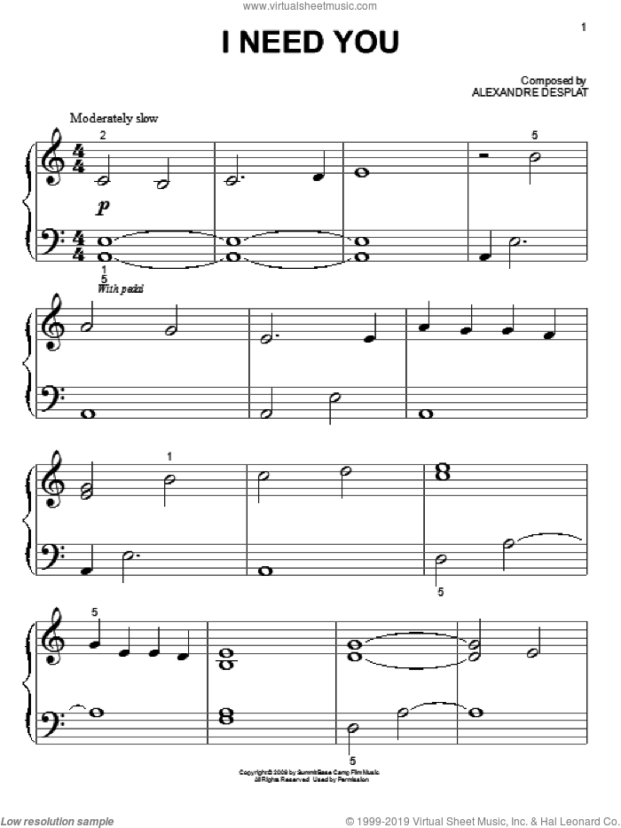 I Need You (from The Twilight Saga: New Moon) sheet music for piano solo (big note book) by Alexandre Desplat and Twilight: New Moon (Movie), easy piano (big note book)