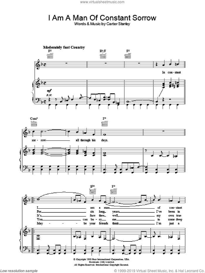 I Am A Man Of Constant Sorrow sheet music for voice, piano or guitar by The Soggy Bottom Boys and Carter Stanley, intermediate skill level
