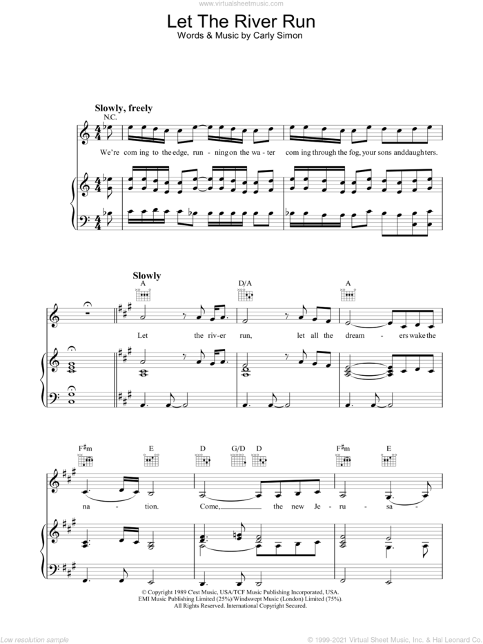 Let The River Run sheet music for voice, piano or guitar by Carly Simon, intermediate skill level