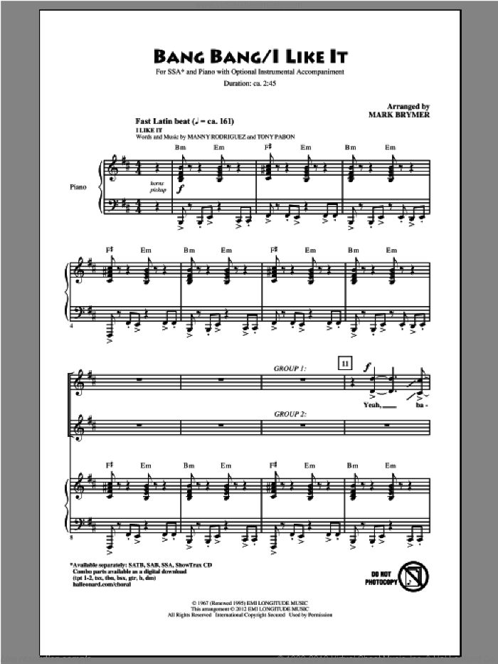Bang Bang sheet music for choir (SSA: soprano, alto) by Manny Rodriguez, Jimmy Sabater, Joe Cuba, Tony Pabon and Mark Brymer, intermediate skill level