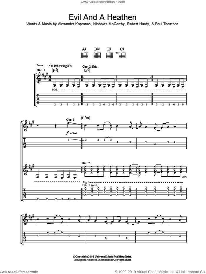 Evil And A Heathen sheet music for guitar (tablature) by Franz Ferdinand, Alexander Kapranos, Nicholas McCarthy, Paul Thomson and Robert Hardy, intermediate skill level