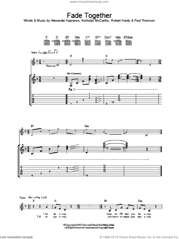 Fade Together sheet music for guitar (tablature) by Franz Ferdinand, Alexander Kapranos, Nicholas McCarthy, Paul Thomson and Robert Hardy, intermediate skill level