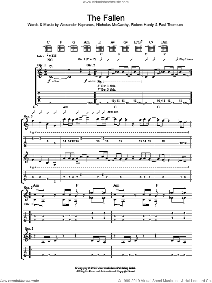 The Fallen sheet music for guitar (tablature) by Franz Ferdinand, Alexander Kapranos, Nicholas McCarthy, Paul Thomson and Robert Hardy, intermediate skill level