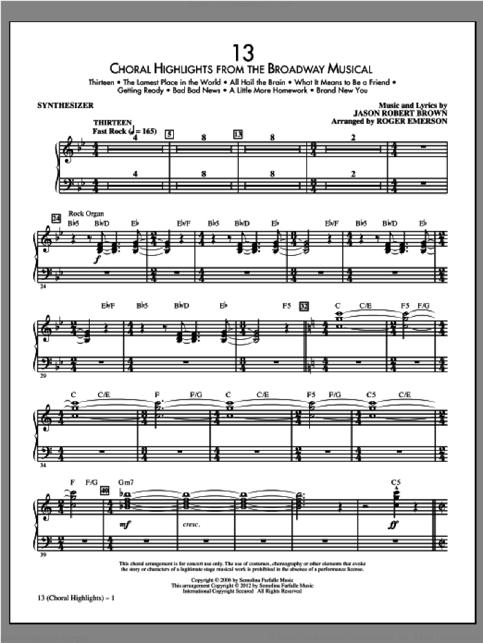 13 (Choral Highlights From The Broadway Musical) (arr. Roger Emerson) (complete set of parts) sheet music for orchestra/band (Rhythm Section) by Jason Robert Brown and Roger Emerson, intermediate skill level