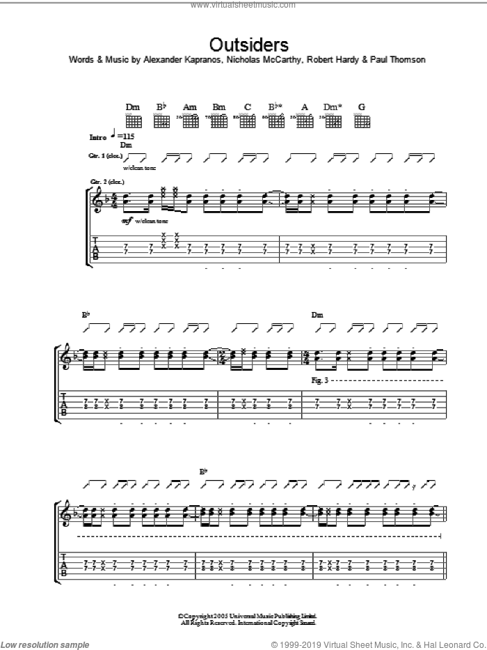 Outsiders sheet music for guitar (tablature) by Franz Ferdinand, Alexander Kapranos, Nicholas McCarthy, Paul Thomson and Robert Hardy, intermediate skill level
