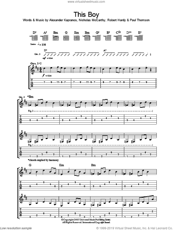 This Boy sheet music for guitar (tablature) by Franz Ferdinand, Alexander Kapranos, Nicholas McCarthy, Paul Thomson and Robert Hardy, intermediate skill level