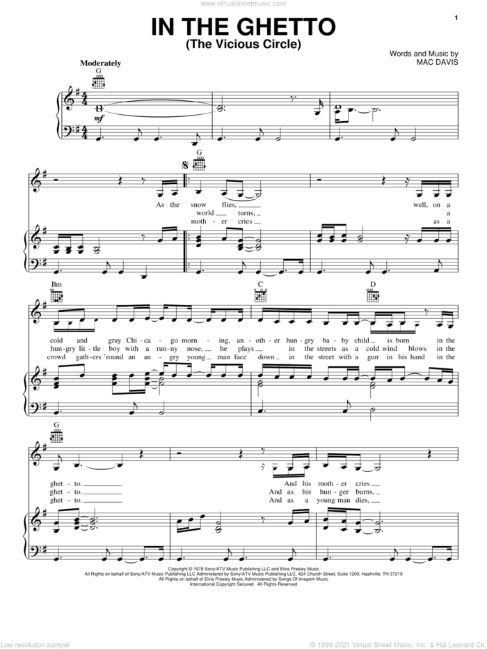 In The Ghetto (The Vicious Circle) sheet music for voice, piano or guitar by Elvis Presley and Mac Davis, intermediate skill level