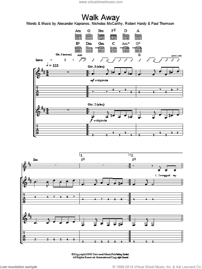 Walk Away sheet music for guitar (tablature) by Franz Ferdinand, Alexander Kapranos, Nicholas McCarthy, Paul Thomson and Robert Hardy, intermediate skill level