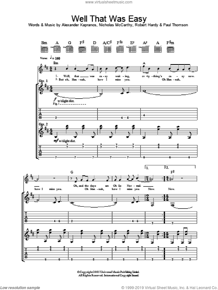 Well That Was Easy sheet music for guitar (tablature) by Franz Ferdinand, Alexander Kapranos, Nicholas McCarthy, Paul Thomson and Robert Hardy, intermediate skill level