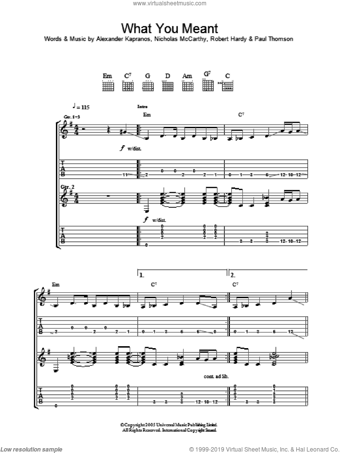 What You Meant sheet music for guitar (tablature) by Franz Ferdinand, Alexander Kapranos, Nicholas McCarthy, Paul Thomson and Robert Hardy, intermediate skill level