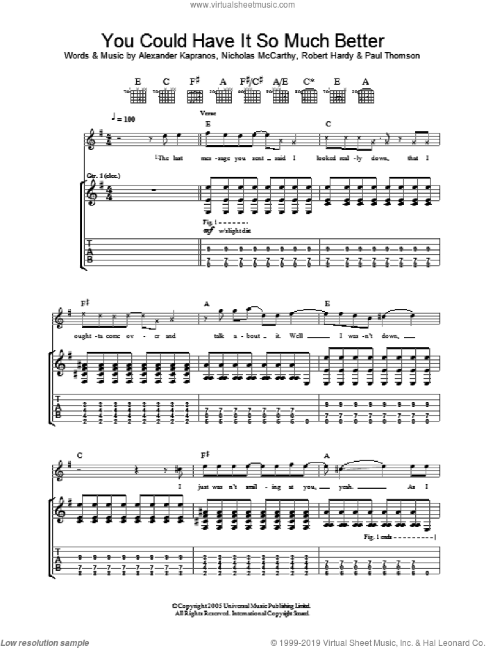 You Could Have It So Much Better sheet music for guitar (tablature) by Franz Ferdinand, Alexander Kapranos, Nicholas McCarthy, Paul Thomson and Robert Hardy, intermediate skill level