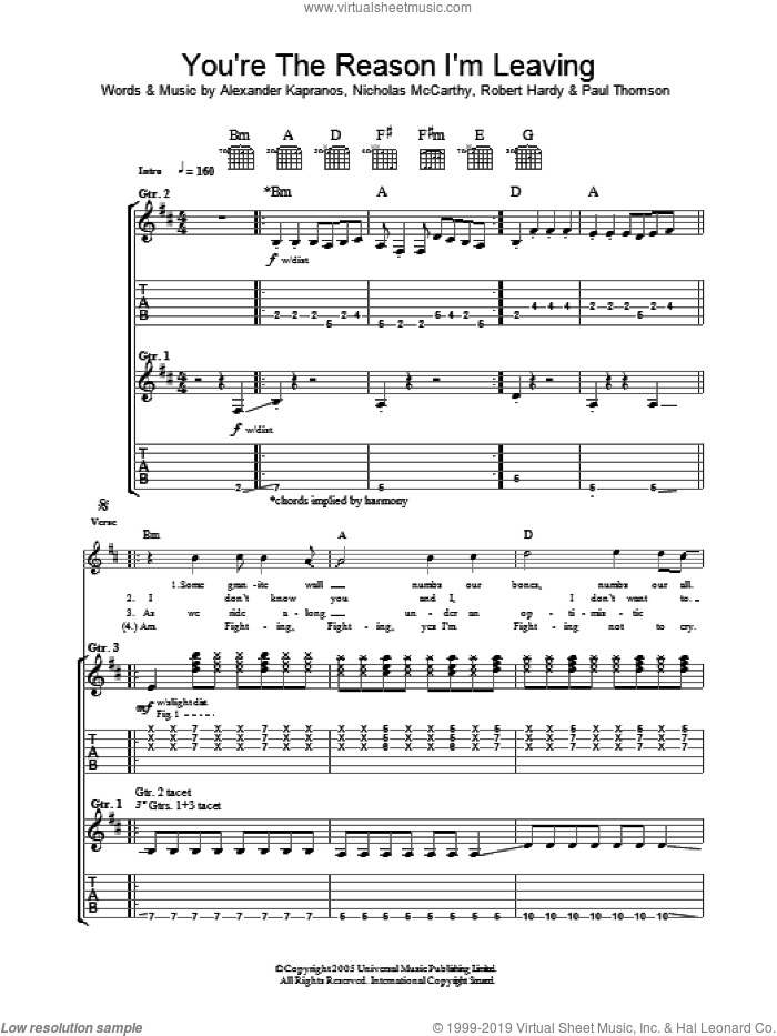 You're The Reason I'm Leaving sheet music for guitar (tablature) by Franz Ferdinand, Alexander Kapranos, Nicholas McCarthy, Paul Thomson and Robert Hardy, intermediate skill level
