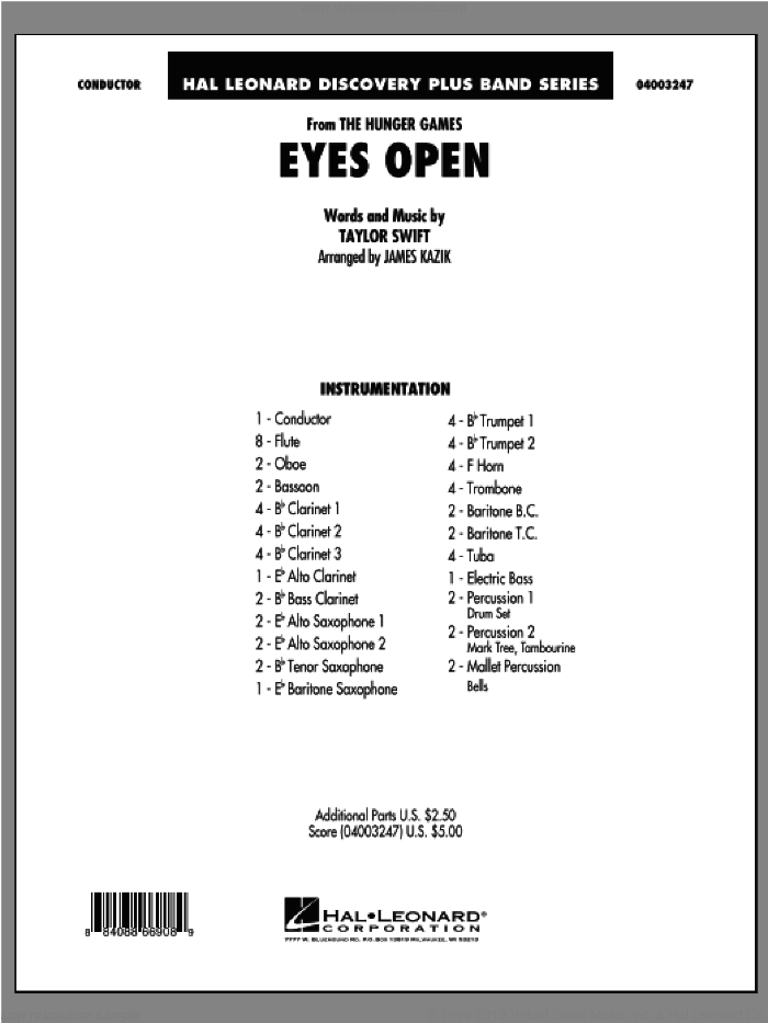 Eyes Open (from The Hunger Games) (COMPLETE) sheet music for concert band by Taylor Swift and James Kazik, intermediate skill level