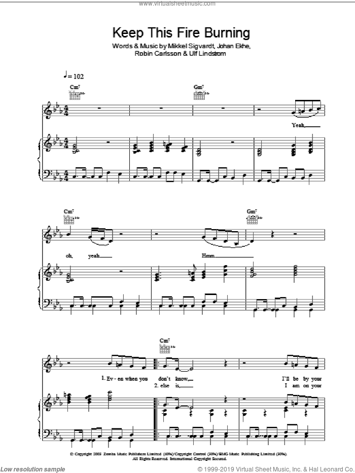 Keep This Fire Burning sheet music for voice, piano or guitar by Beverley Knight, Johan Ekhe, Mikkel Sigvardt, Robin Carlsson and Ulf Lindstrom, intermediate skill level