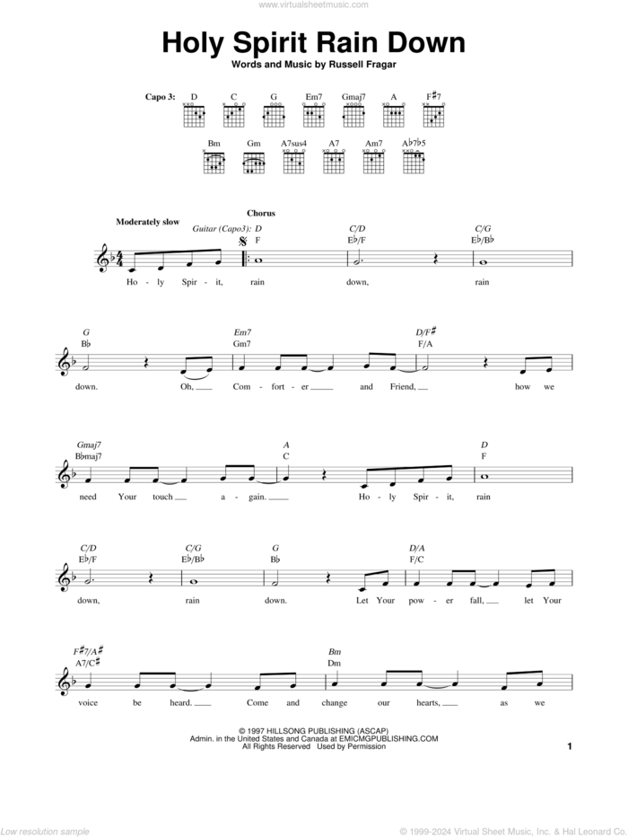 Holy Spirit Rain Down sheet music for guitar solo (chords) by Russell Fragar and Hillsong, easy guitar (chords)