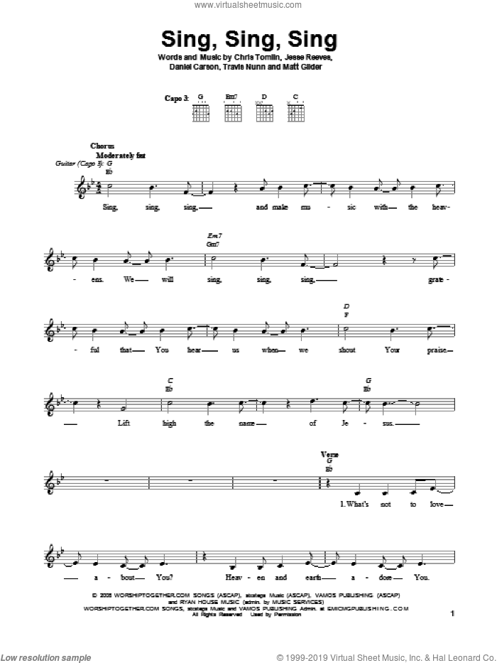 Sing Sing Sing sheet music for guitar solo (chords) by Chris Tomlin, Daniel Carson, Jesse Reeves, Matt Gilder and Travis Nunn, easy guitar (chords)